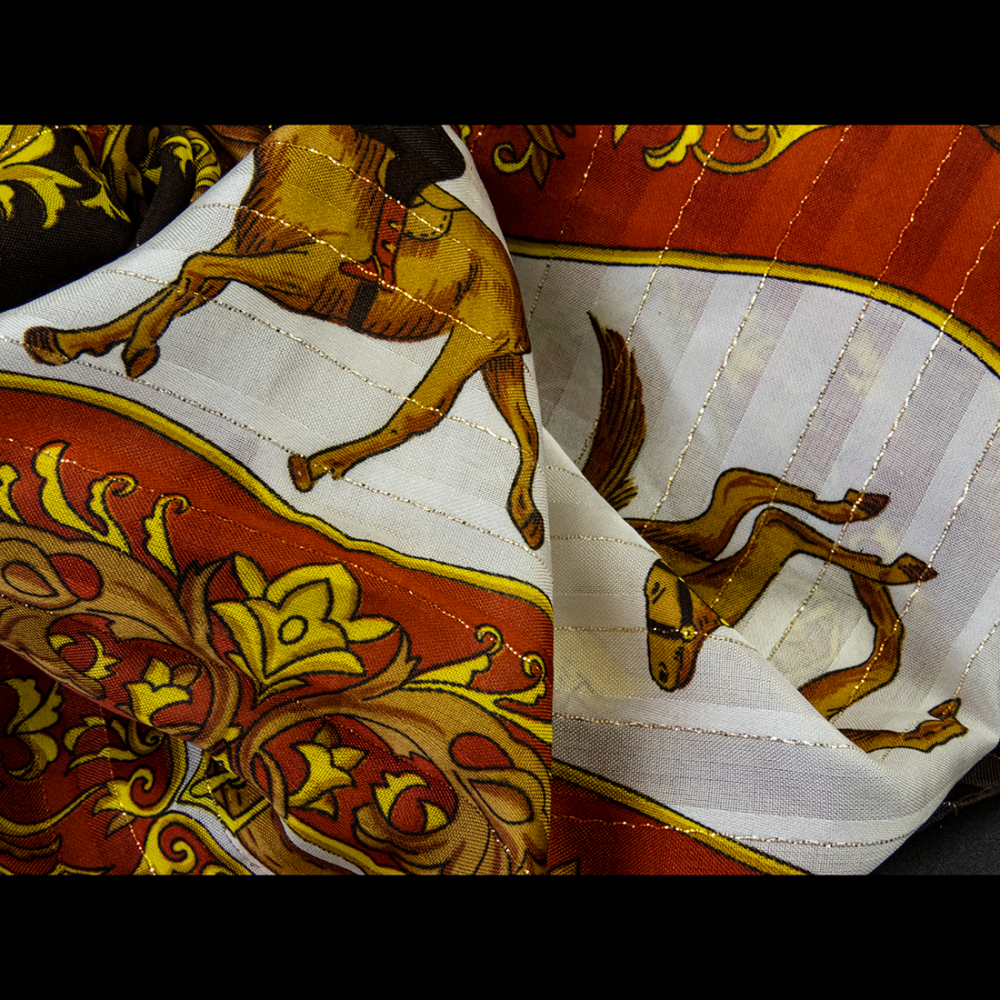 法國品牌J. MICO SANCHO騎馬印花金蔥方巾 義大利製-細節圖6