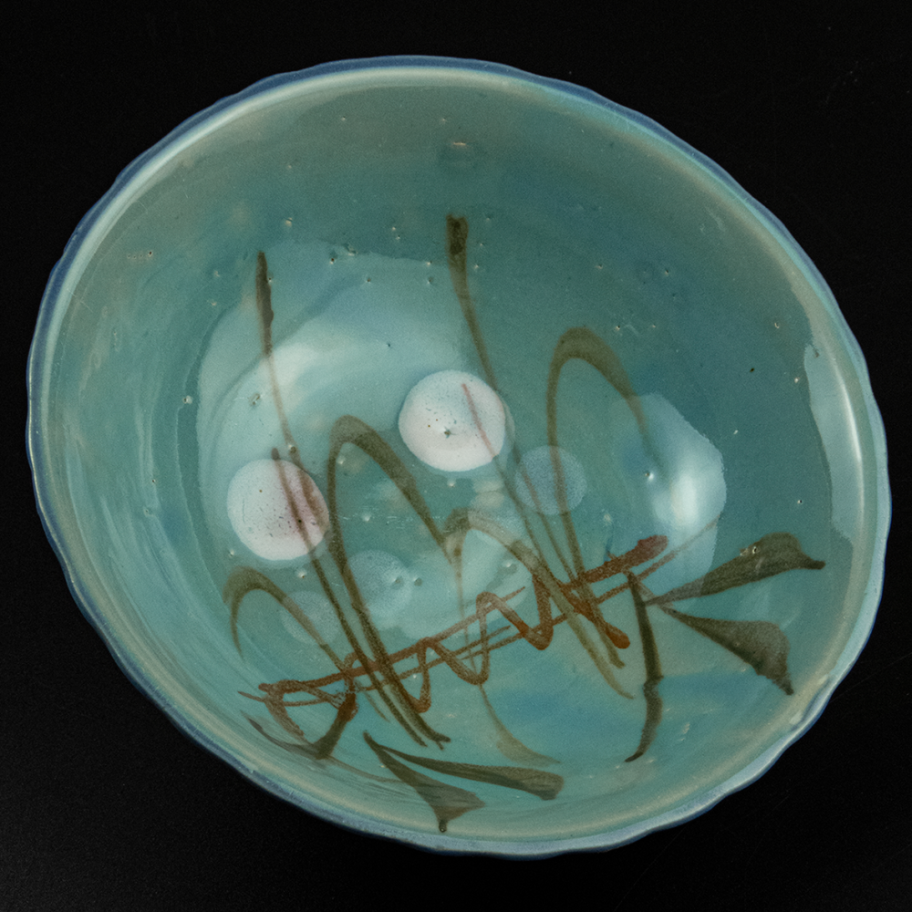 古董手繪法青色粉白花陶瓷老碗-細節圖2