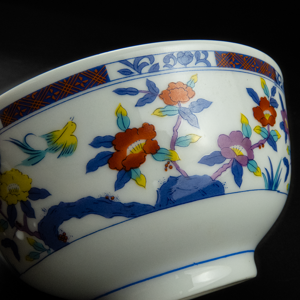 日本 古伊萬里 黑窯 山茶花 花鳥 圖騰 陶瓷碗 湯碗-細節圖2