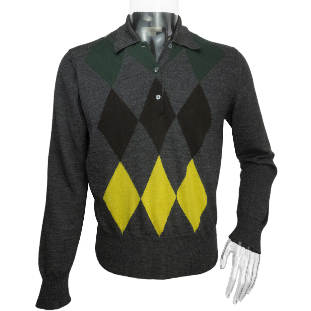 英國品牌John Smedley鐵灰色美麗諾純羊毛菱格POLO領長袖毛衣 英國製-細節圖2