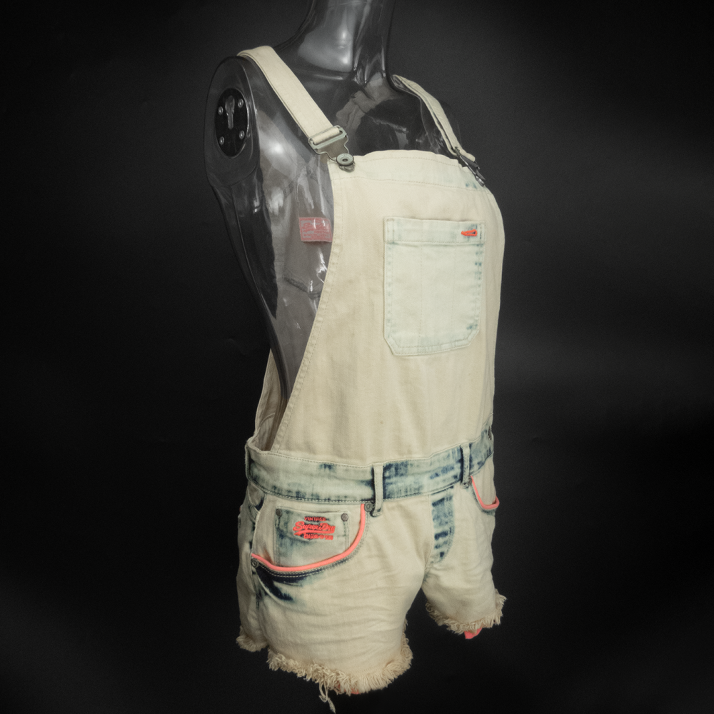 Superdry 極度乾燥水洗刷色抽鬚牛仔吊帶短褲 小精靈背帶褲 S號-細節圖2