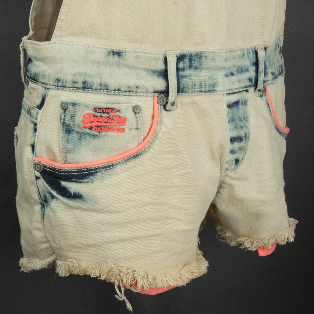 Superdry 極度乾燥水洗刷色抽鬚牛仔吊帶短褲 小精靈背帶褲 S號-細節圖5