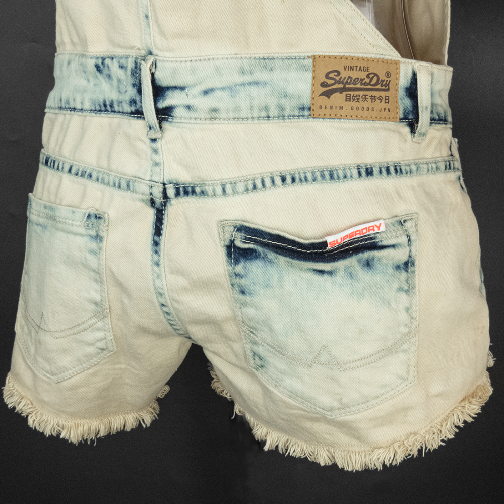 Superdry 極度乾燥水洗刷色抽鬚牛仔吊帶短褲 小精靈背帶褲 S號-細節圖7
