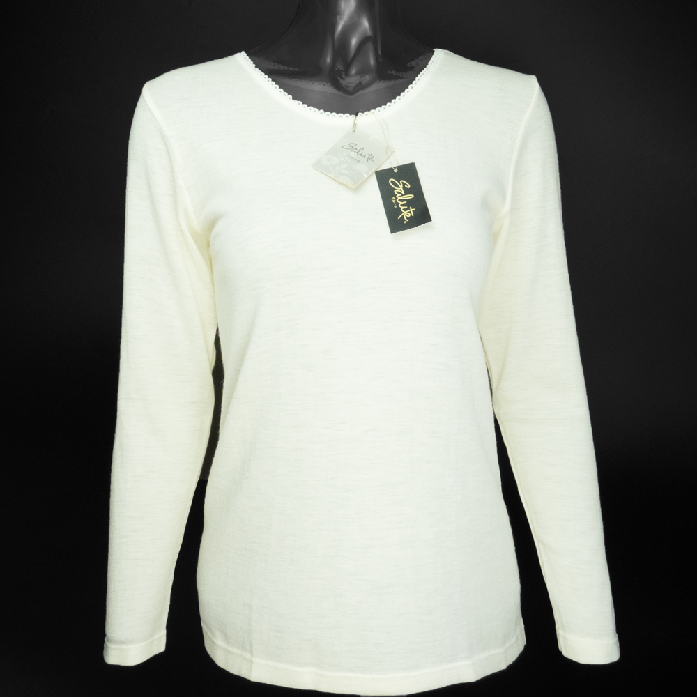 日本華歌爾莎露Salute白色純羊毛無接縫圓筒圓領長袖毛衣 保暖內衣 L號 全新-細節圖2