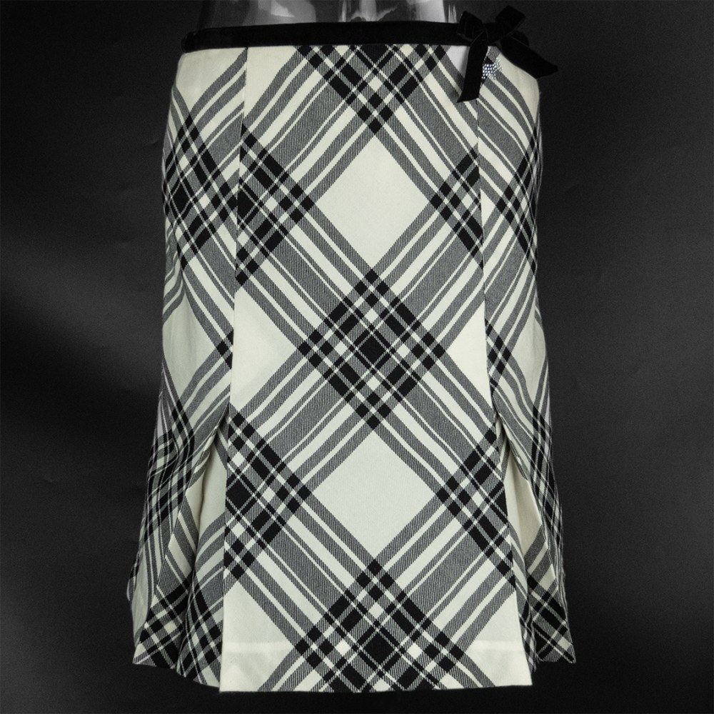專櫃SCOTTISH HOUSE 小狗牌米色純羊毛經典格紋蝴蝶結抓褶及膝裙 M號-細節圖2