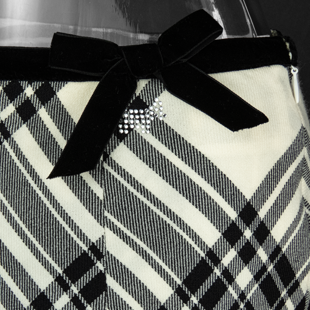 專櫃SCOTTISH HOUSE 小狗牌米色純羊毛經典格紋蝴蝶結抓褶及膝裙 M號-細節圖3