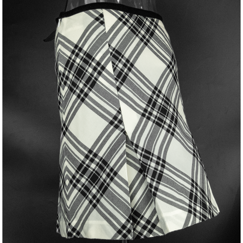 專櫃SCOTTISH HOUSE 小狗牌米色純羊毛經典格紋蝴蝶結抓褶及膝裙 M號-細節圖5