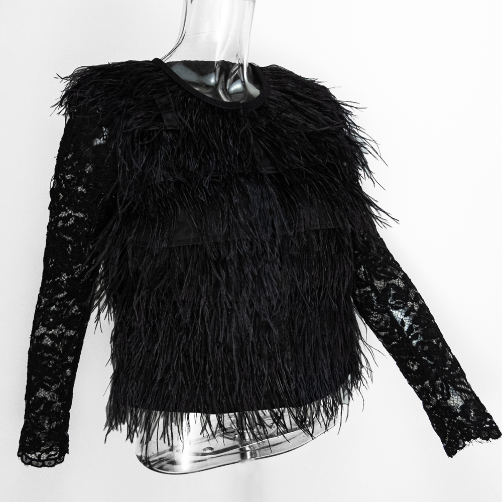 設計師品牌MOMA黑色鴕鳥毛蕾絲拼接長袖西裝外套 38號-細節圖2