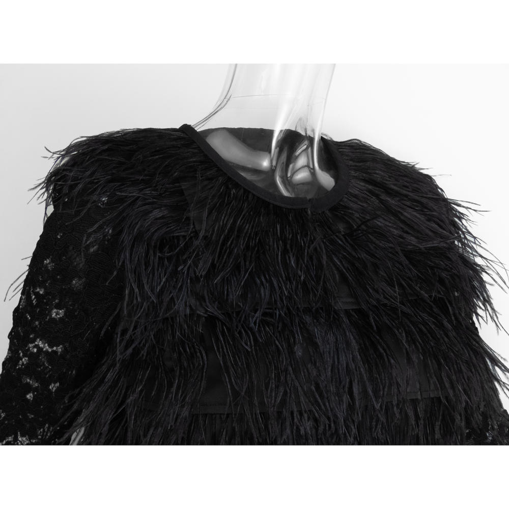 設計師品牌MOMA黑色鴕鳥毛蕾絲拼接長袖西裝外套 38號-細節圖3