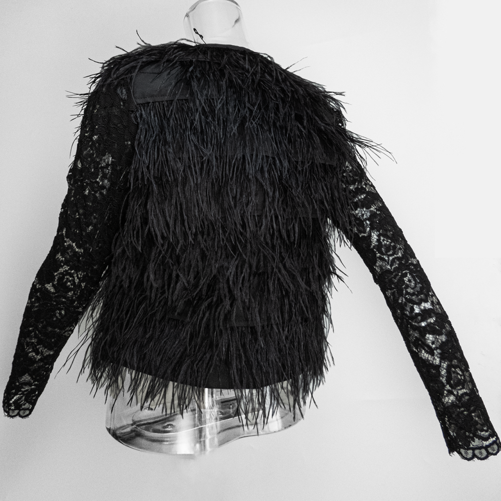設計師品牌MOMA黑色鴕鳥毛蕾絲拼接長袖西裝外套 38號-細節圖6