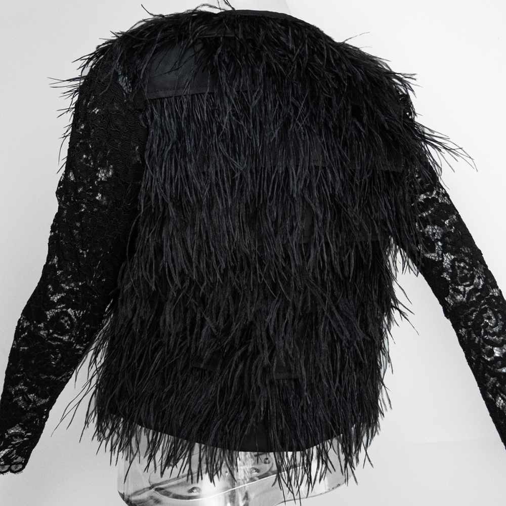 設計師品牌MOMA黑色鴕鳥毛蕾絲拼接長袖西裝外套 38號-細節圖7