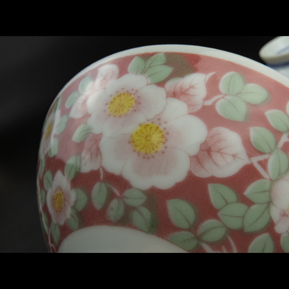 早期 日本 瑞山窯 薔薇花朵 花卉 圖騰 陶瓷碗 飯碗 京平碗 3件一組-細節圖5
