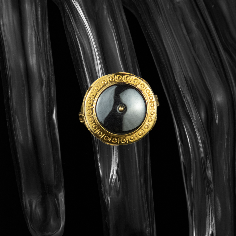 18K金羅馬風格造型黑膽石鑲嵌三葉草戒指  老件 #10-細節圖2