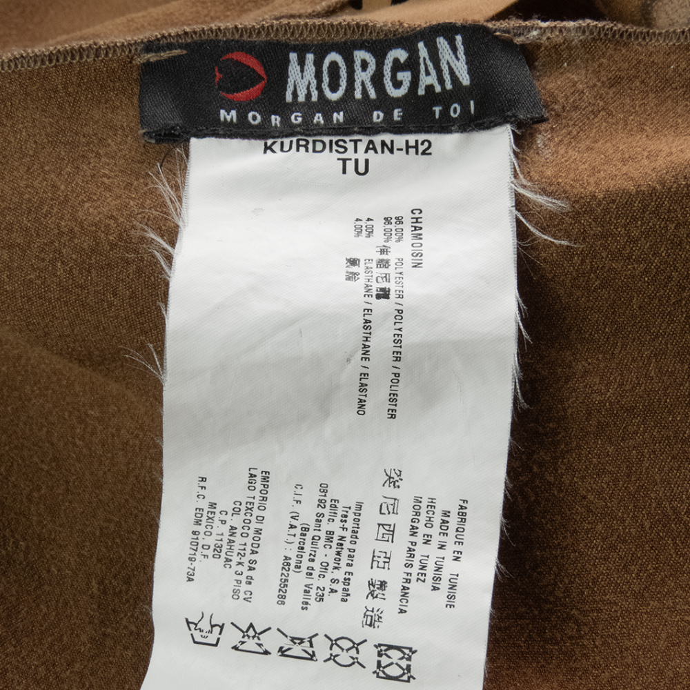 法國摩根Morgan咖啡色仿麂皮圖騰花邊繫帶斗篷 One Size-細節圖6