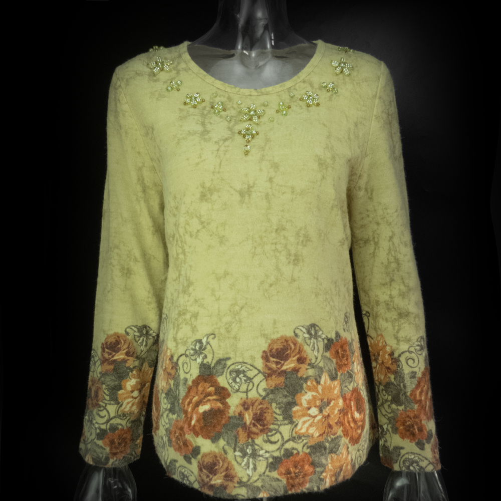 義大利品牌Ghinelli淺芥末色羊毛花朵串珠玫瑰花長袖針織衫-細節圖2