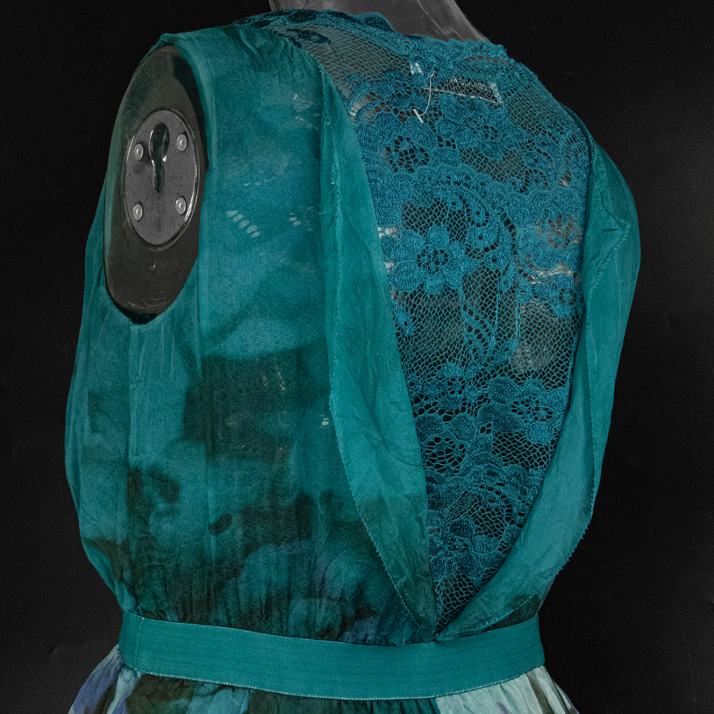 義大利品牌Loranzo Romanza湛青色純蠶絲不規則抓褶蕾絲假兩件無袖洋裝-細節圖5