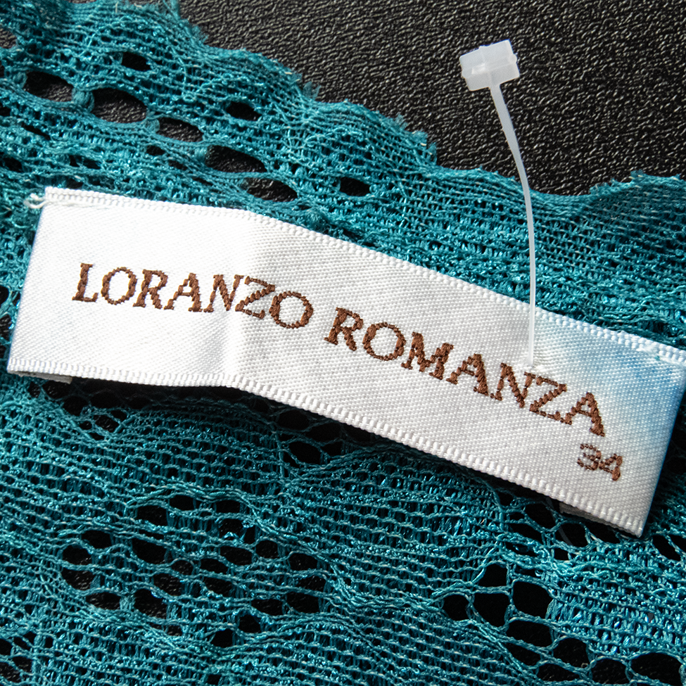 義大利品牌Loranzo Romanza湛青色純蠶絲不規則抓褶蕾絲假兩件無袖洋裝-細節圖7