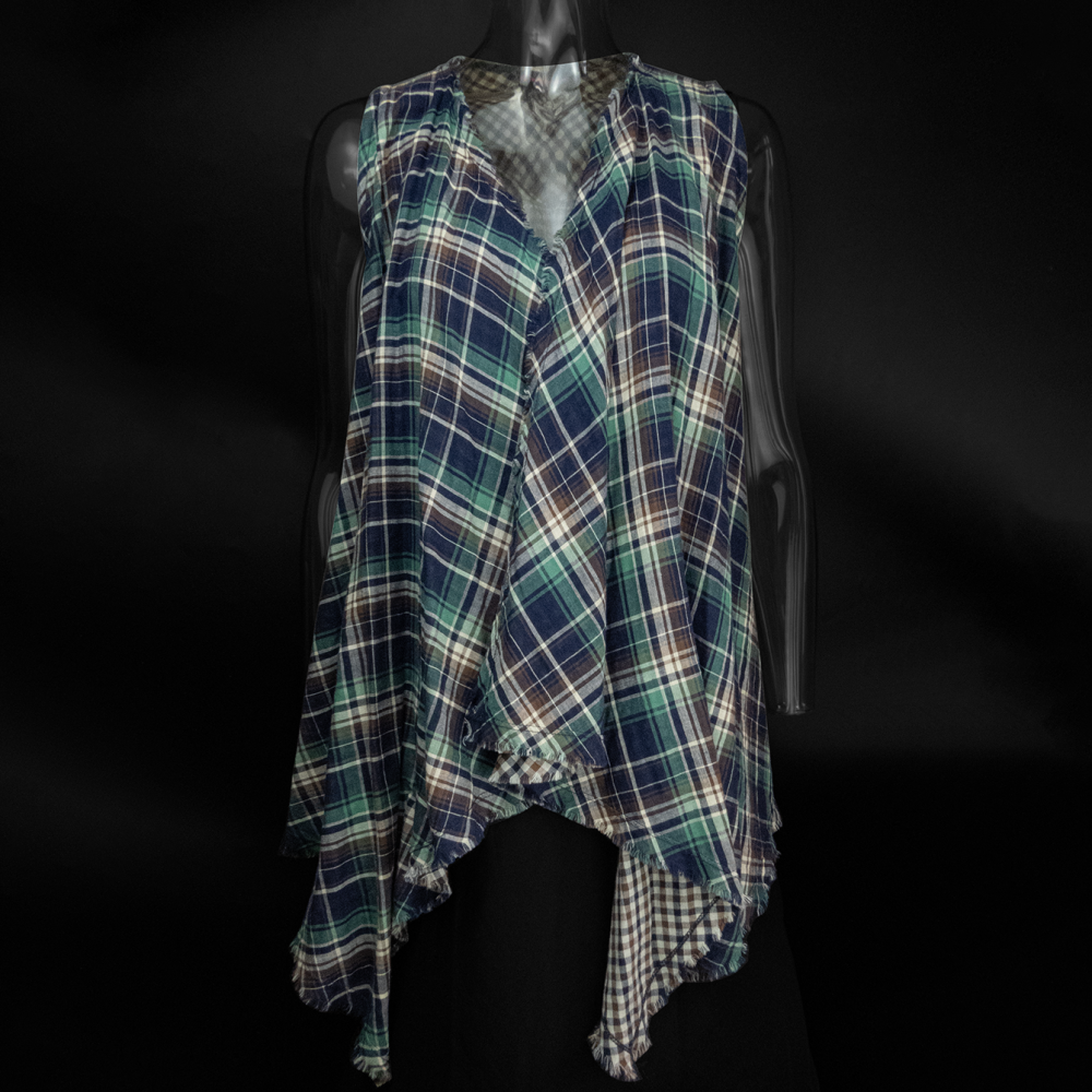 Knights Bridge副牌brown sugar紫綠色格紋抽鬚垂墜開襟無袖長版背心 36號-細節圖2