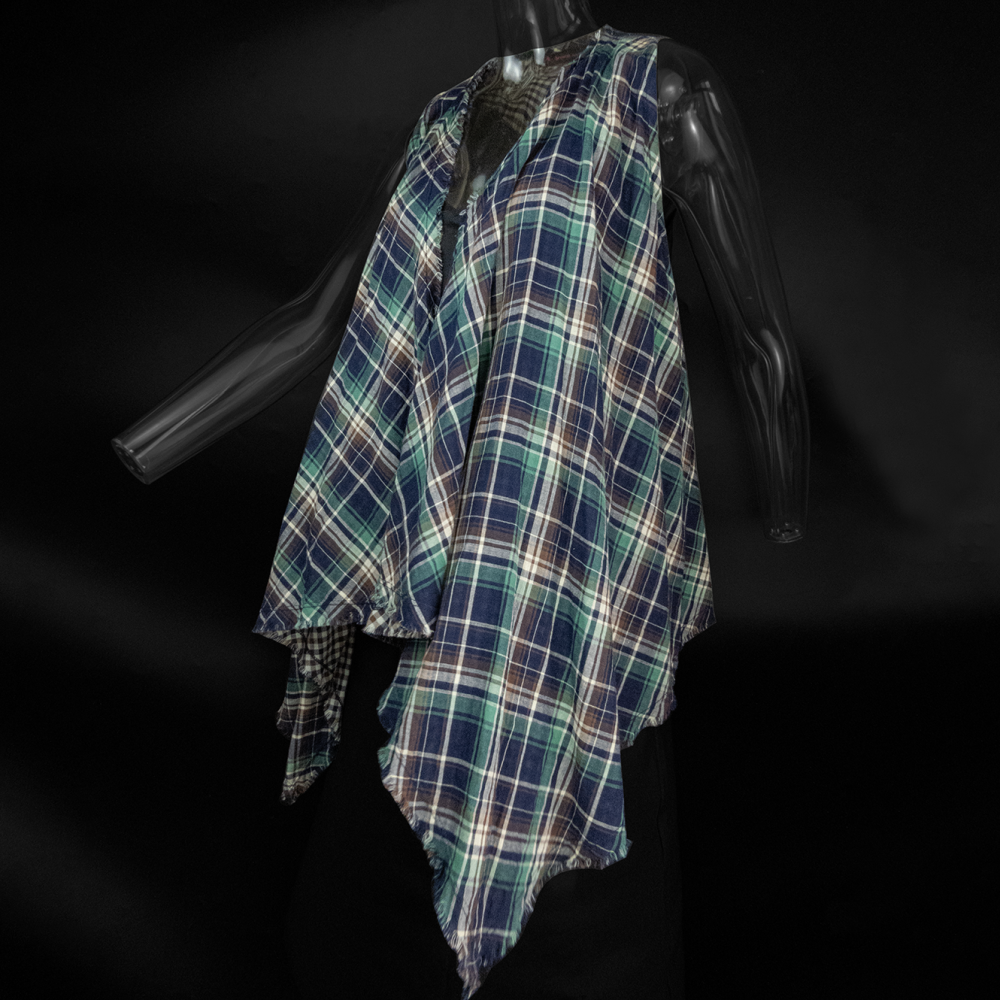 Knights Bridge副牌brown sugar紫綠色格紋抽鬚垂墜開襟無袖長版背心 36號-細節圖3