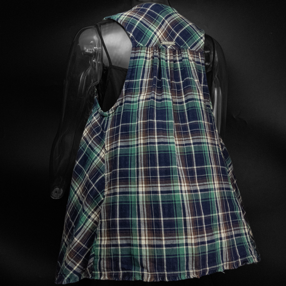 Knights Bridge副牌brown sugar紫綠色格紋抽鬚垂墜開襟無袖長版背心 36號-細節圖5