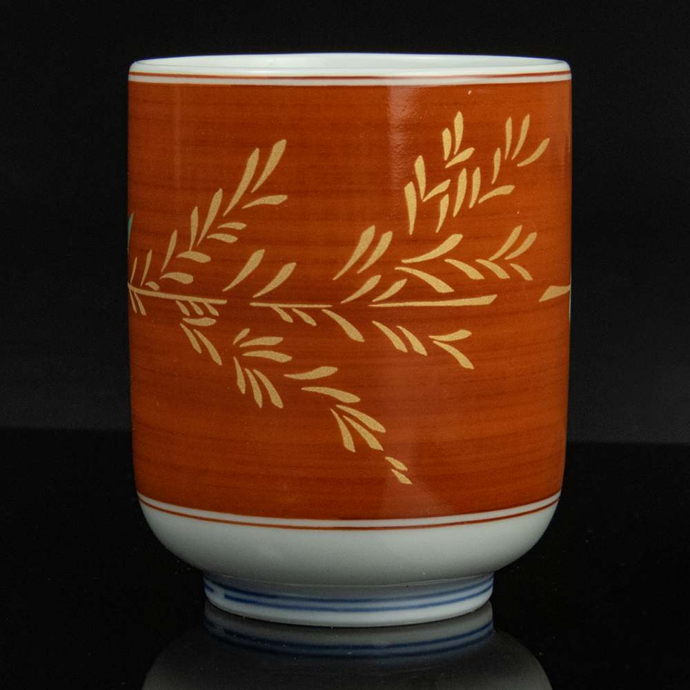 日本 翠日水 紅底 蘆葦 陶瓷 直口杯 茶杯 湯吞-細節圖2