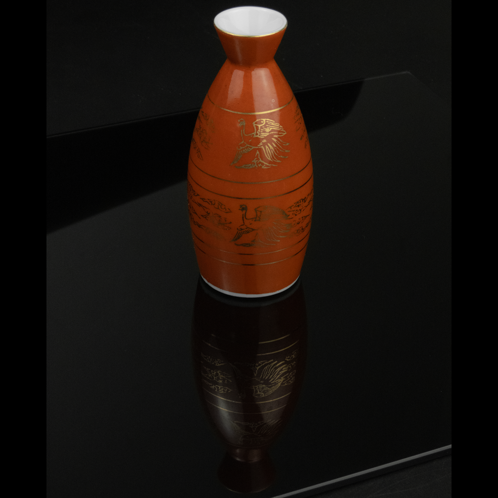 日本 朱紅色 描金 鳳凰 清酒瓶 瓷瓶 可做小花瓶-細節圖3