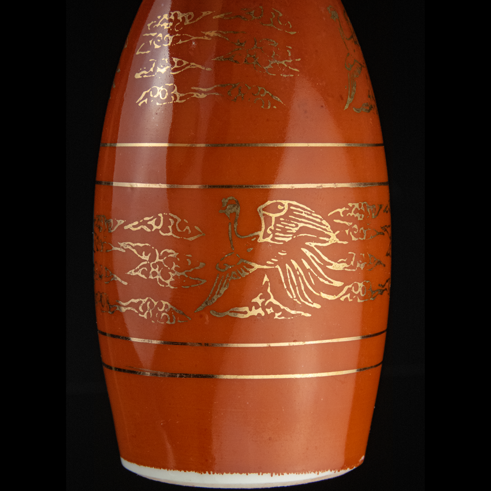 日本 朱紅色 描金 鳳凰 清酒瓶 瓷瓶 可做小花瓶-細節圖4