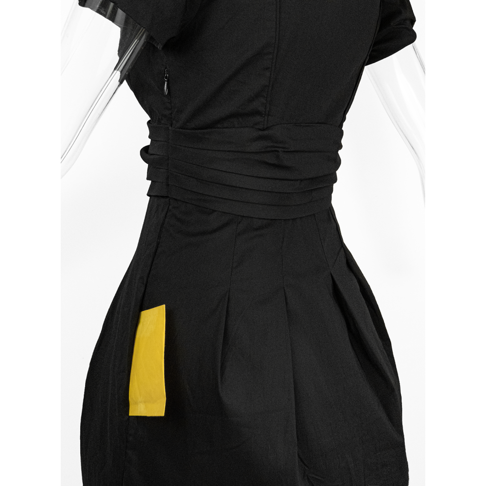 頂級時尚品牌BCBG Max Azria黑色蕾絲拼接抓褶收腰澎澎短袖洋裝 6號-細節圖5