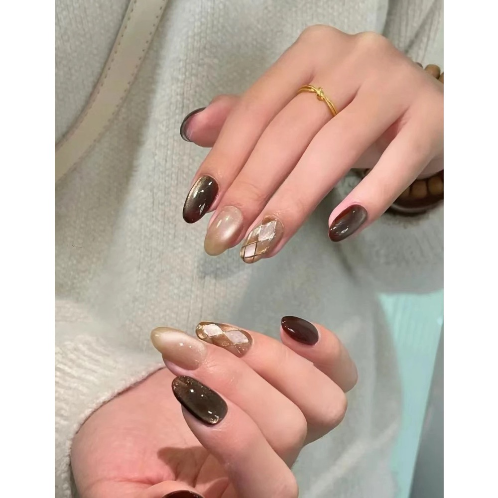 復古摩登秋冬菱格純手工美甲穿戴甲 高級ins爆閃氣質辣妹學生短款-細節圖2