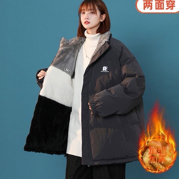 美式復古棒球服外套女秋冬季加絨 加厚防寒爆款立領寬松百搭情侶款-細節圖3