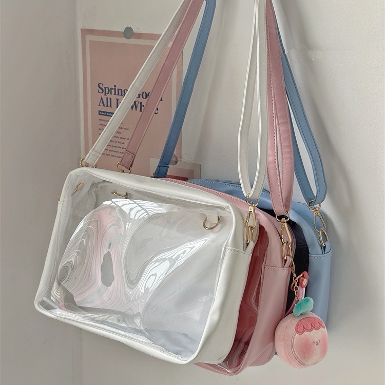 簡約百搭PU斜挎包日系ins少女 25cm娃包學院風學生透明大容量痛包-細節圖2