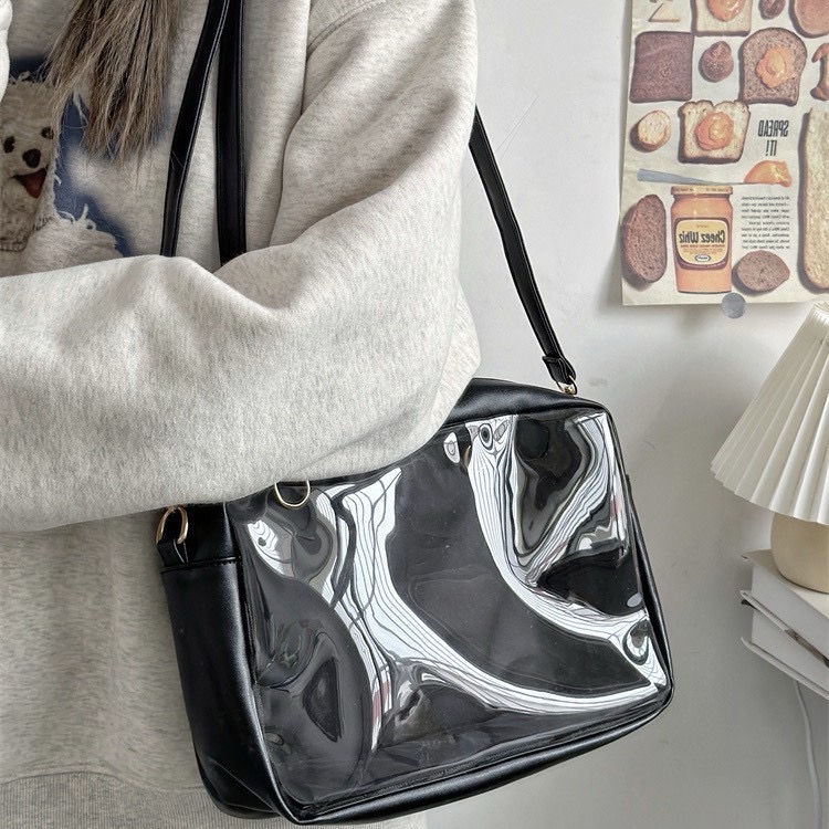 簡約百搭PU斜挎包日系ins少女 25cm娃包學院風學生透明大容量痛包-細節圖4