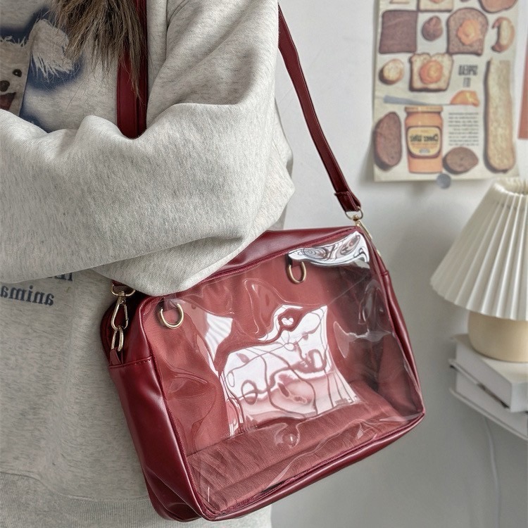 簡約百搭PU斜挎包日系ins少女 25cm娃包學院風學生透明大容量痛包-細節圖6