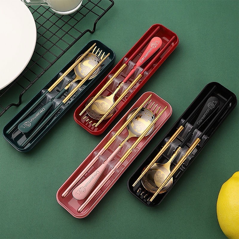 《預購》ins不鏽鋼筷子勺子套裝學生可愛 卡通叉勺套裝成人便攜餐具三件套-細節圖2