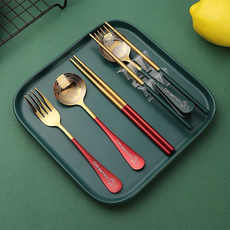 《預購》ins不鏽鋼筷子勺子套裝學生可愛 卡通叉勺套裝成人便攜餐具三件套-細節圖3