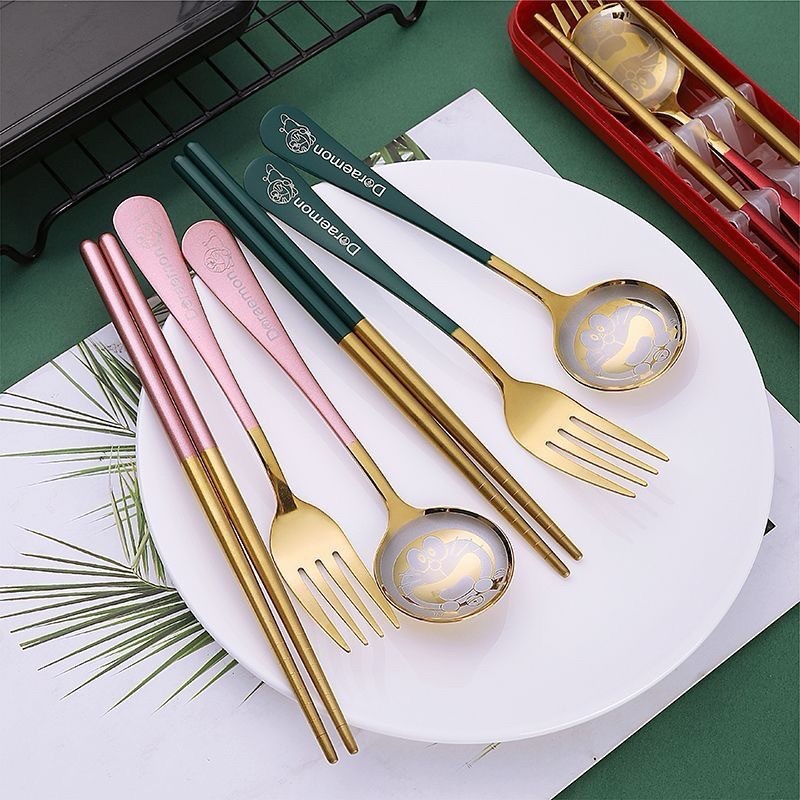 《預購》ins不鏽鋼筷子勺子套裝學生可愛 卡通叉勺套裝成人便攜餐具三件套-細節圖4