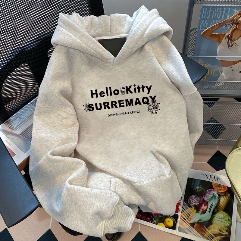 《預購》薄款-美式HelloKitty卡通潮酷銀狐絨連帽 衛衣女秋冬季寬松高街情侶外套-細節圖2