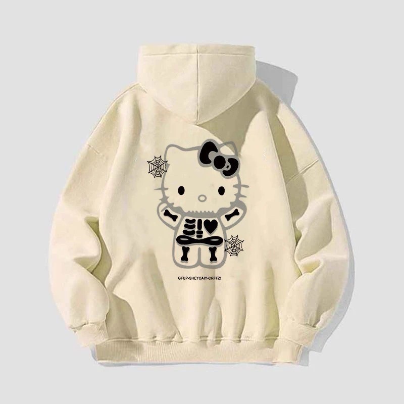 《預購》薄款-美式HelloKitty卡通潮酷銀狐絨連帽 衛衣女秋冬季寬松高街情侶外套-細節圖3