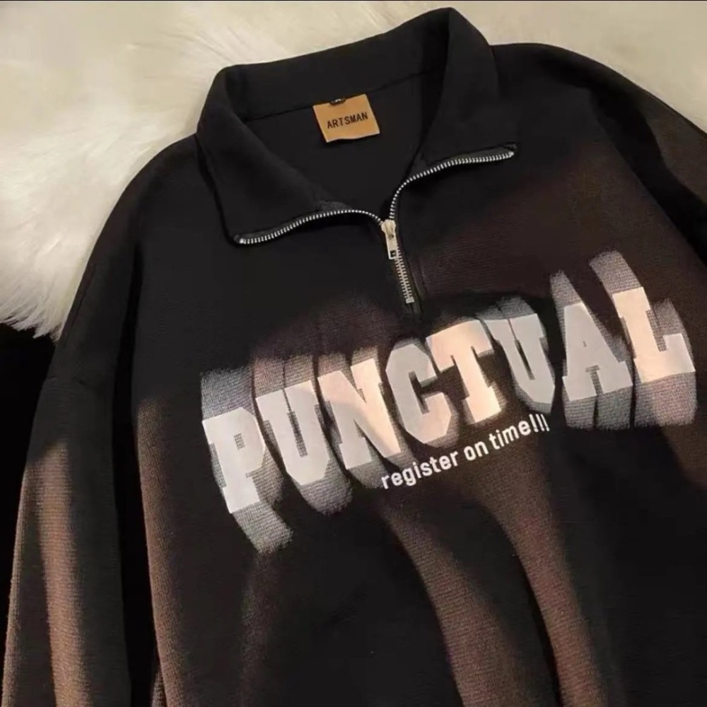 《預購》半拉鍊polo衛衣男秋季寬松美式復古 男生長袖上衣ins潮牌翻領外套-細節圖2