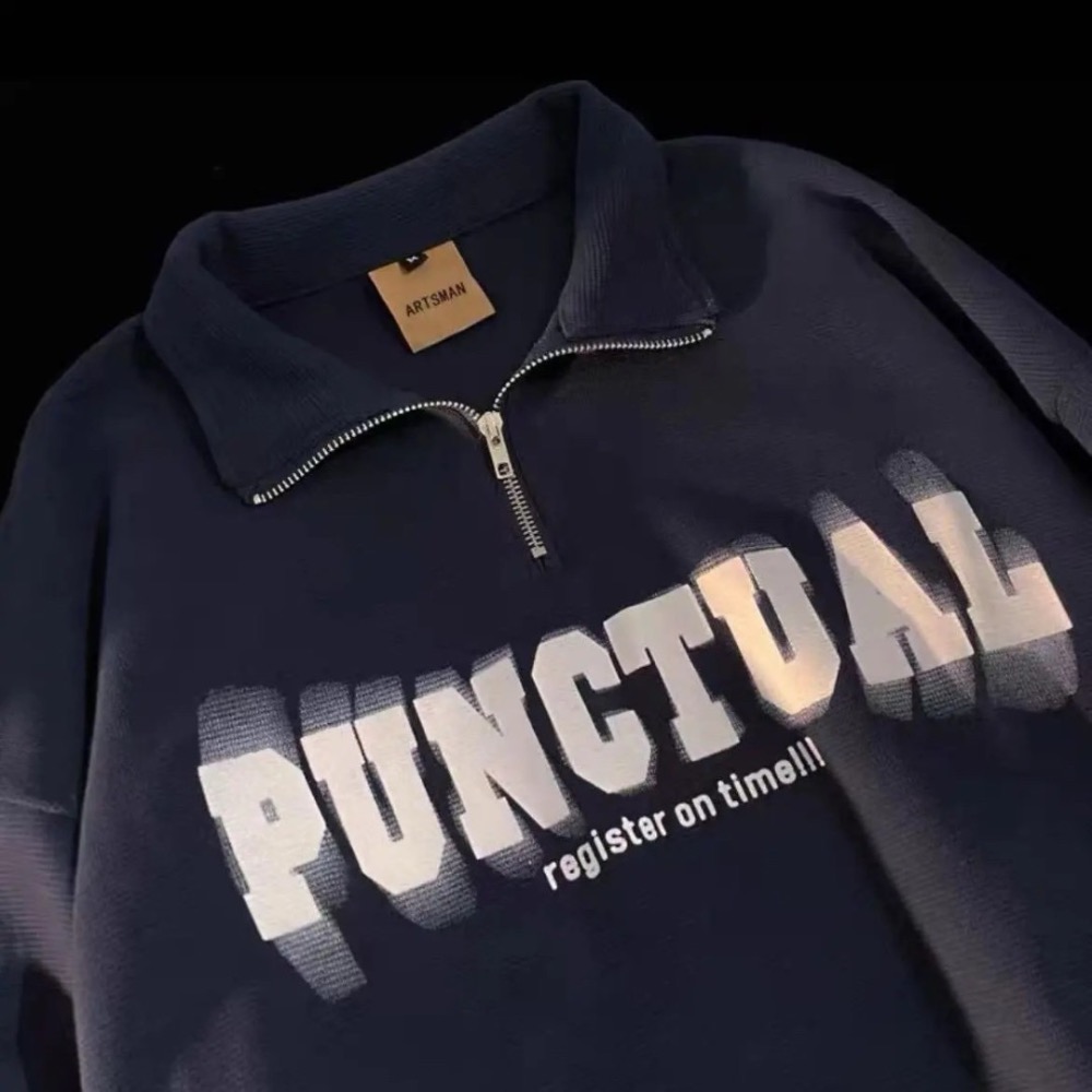 《預購》半拉鍊polo衛衣男秋季寬松美式復古 男生長袖上衣ins潮牌翻領外套-細節圖3