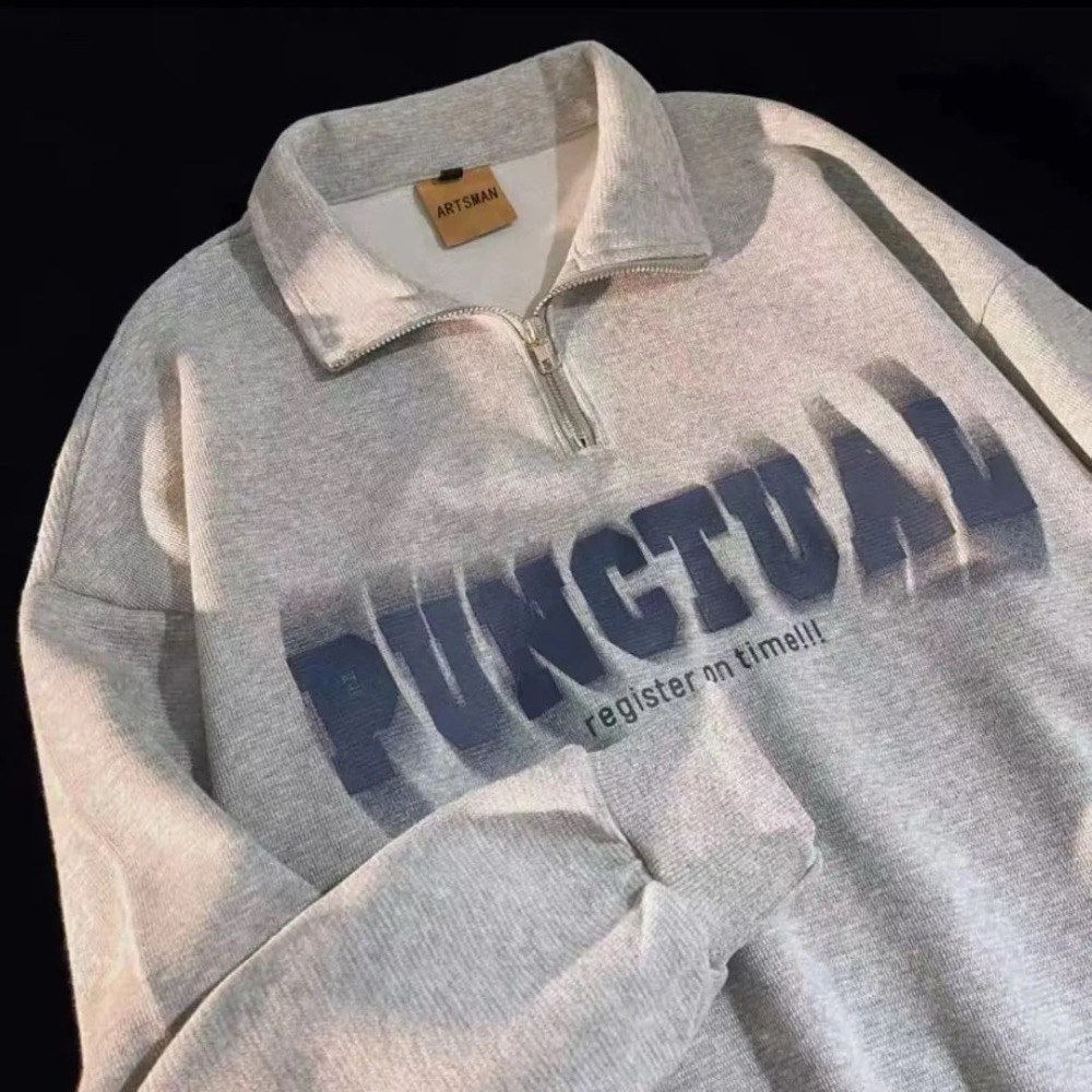 《預購》半拉鍊polo衛衣男秋季寬松美式復古 男生長袖上衣ins潮牌翻領外套-細節圖4