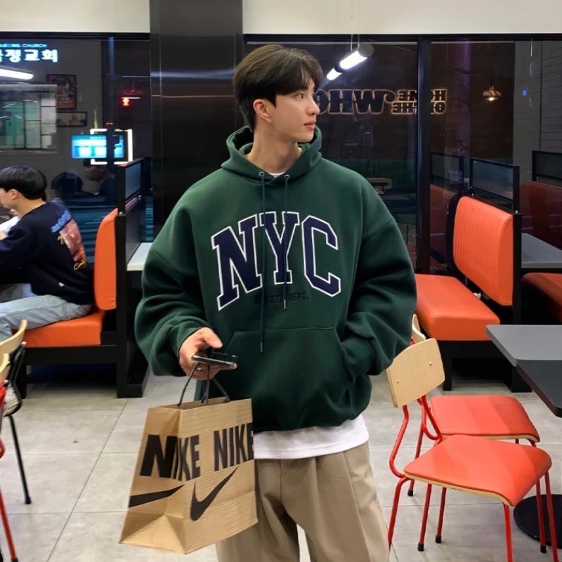 《預購》薄款-復古刺繡連帽衛衣男秋冬季加絨加厚 寬松純棉上衣韓版潮流套頭外-細節圖3