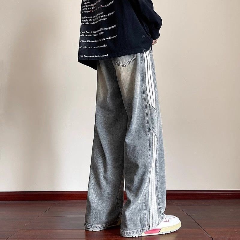 條紋拼接黃泥牛仔褲男秋季直筒寬松 闊腿褲子潮牌美式復古拖地長褲-細節圖2