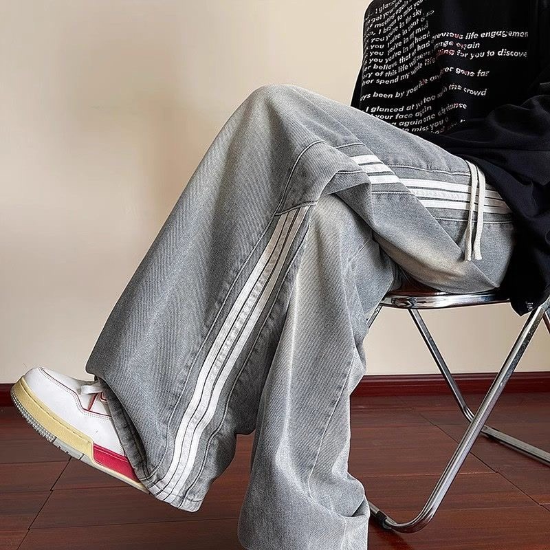 條紋拼接黃泥牛仔褲男秋季直筒寬松 闊腿褲子潮牌美式復古拖地長褲-細節圖4