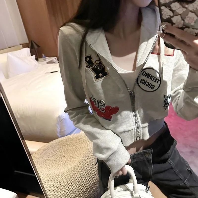 美式復古貼布刺繡短款拉鍊連帽衛 衣ins春秋新款辣妹顯瘦拉鍊外套-細節圖2