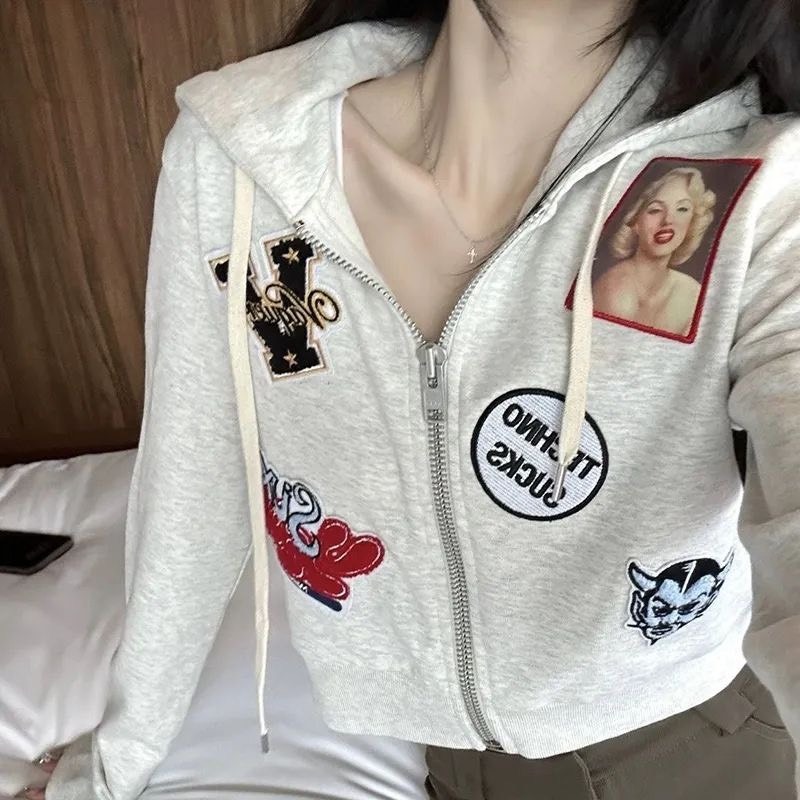 美式復古貼布刺繡短款拉鍊連帽衛 衣ins春秋新款辣妹顯瘦拉鍊外套-細節圖3