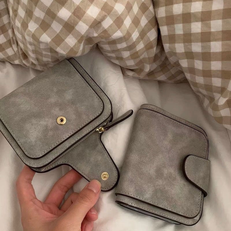 InsShop日系復古棕色短款可折疊錢包 女士小卡包多卡位零錢包錢袋-細節圖2