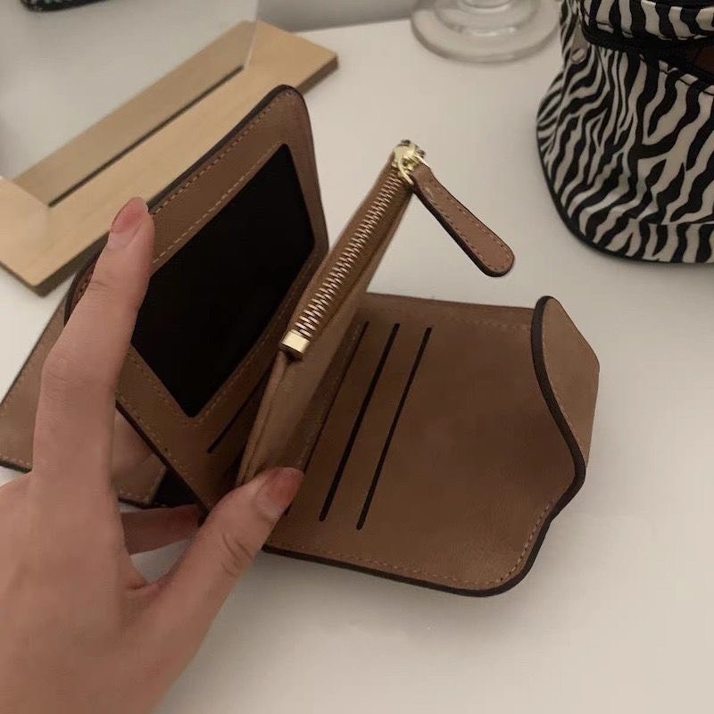 InsShop日系復古棕色短款可折疊錢包 女士小卡包多卡位零錢包錢袋-細節圖5