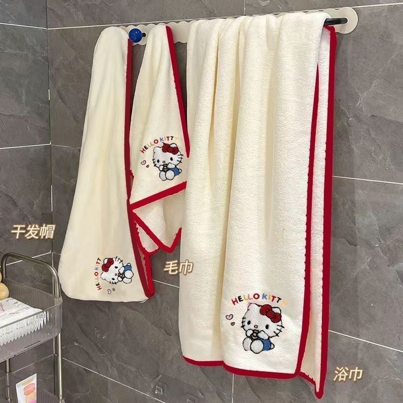 𝗟𝗶𝗻𝗦𝗵𝗼𝗽｜Ins風 Hello Kitty KT貓 浴巾毛巾三件套 女生宿舍 家用 珊瑚絨 吸水速乾-細節圖2