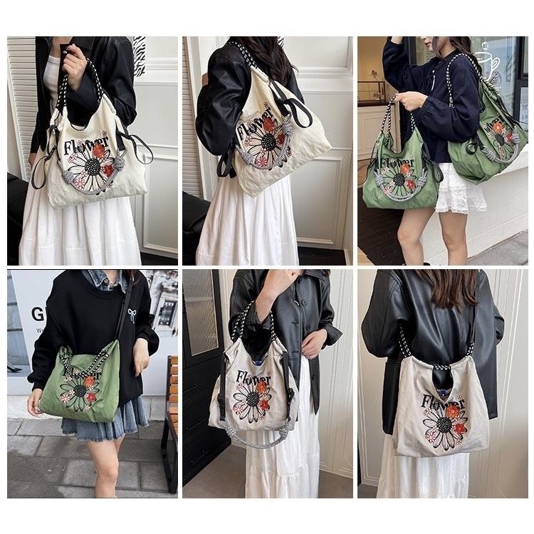 【限時預購】三用輕量感 ♡ 精緻刺繡小雛菊尼龍包 (三色/兩尺寸)-細節圖3